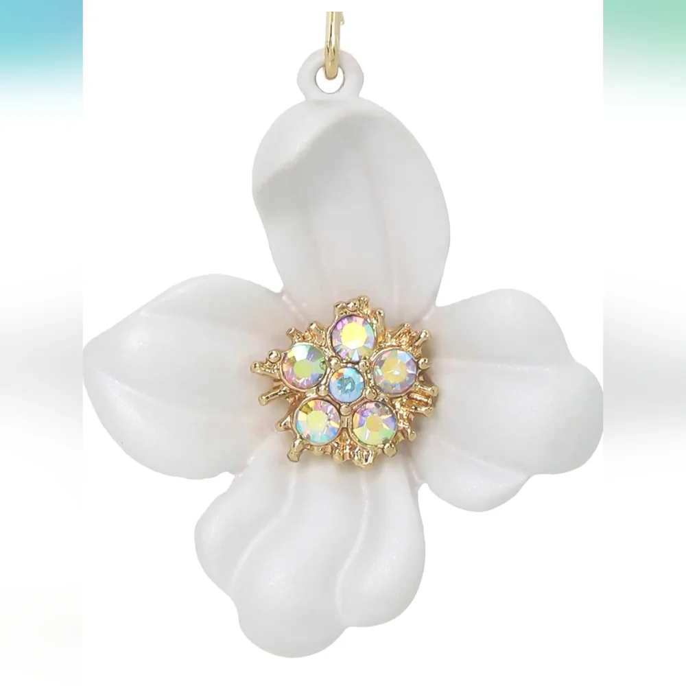 🌸Betsey Johnson Flower Dangle Earrings Gold-Tone Enamel w/ Stones🌸 - Picture 5 of 9
